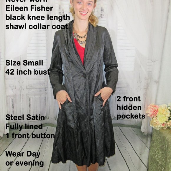 Eileen Fisher coat, Black knee length shawl collar, Fits to 38 inch bust, unworn - Picture 2 of 11